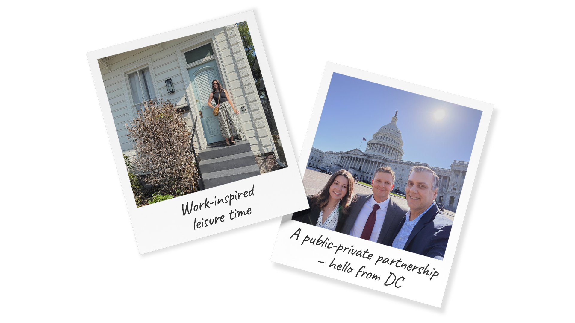 Polaroid pictures of Audrey Carls: one in front of a typical Louisiana house, one with her team in Washington DC with the capitol building in the background.