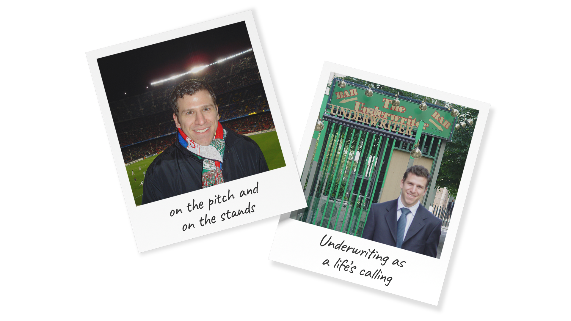 Polaroid pic of Marco Merlino - one at a football match and one in front of the Underwriter bar